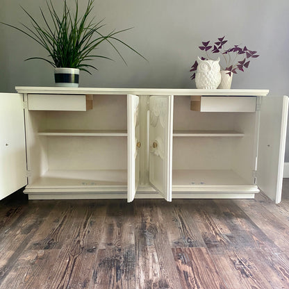 White Ornate Buffet 4 doors and pearl knobs