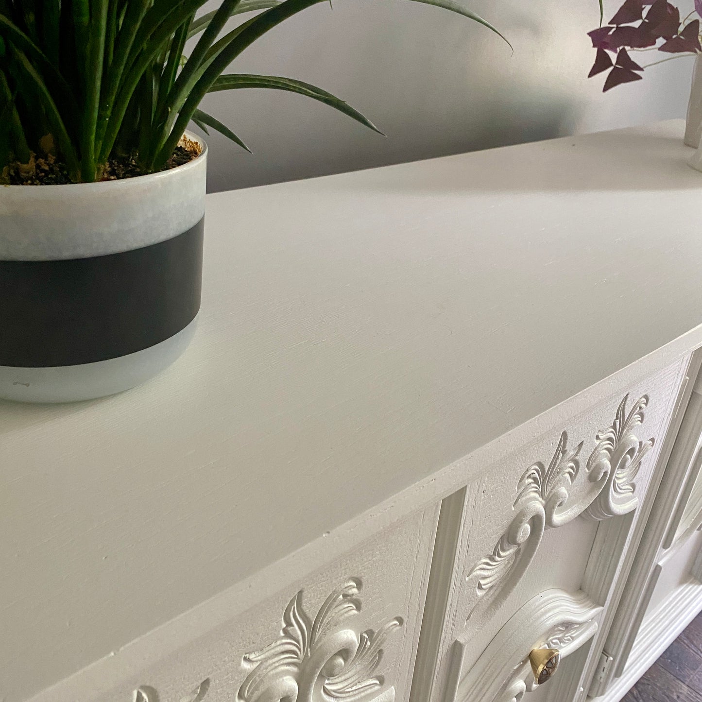 White Ornate Buffet 4 doors and pearl knobs
