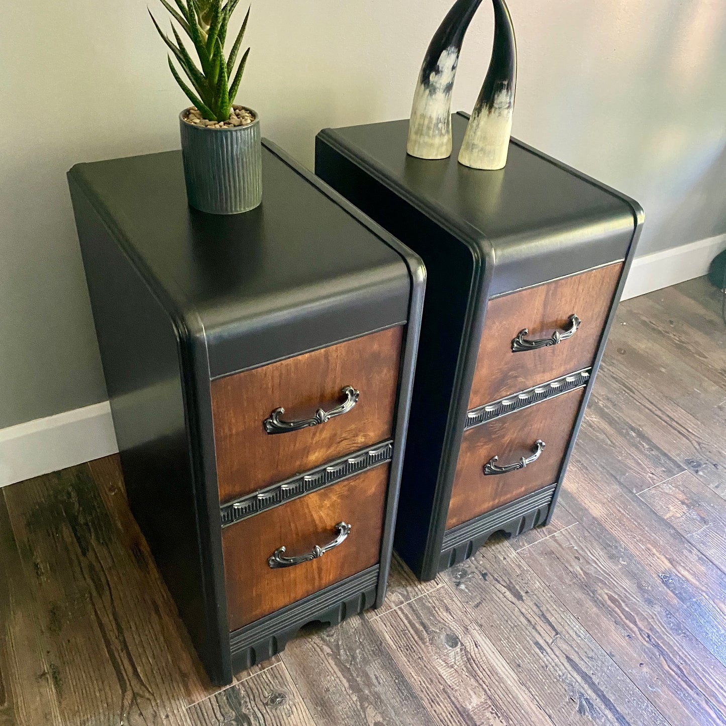 Set of 2 Art Deco Tall Slim Nightstands