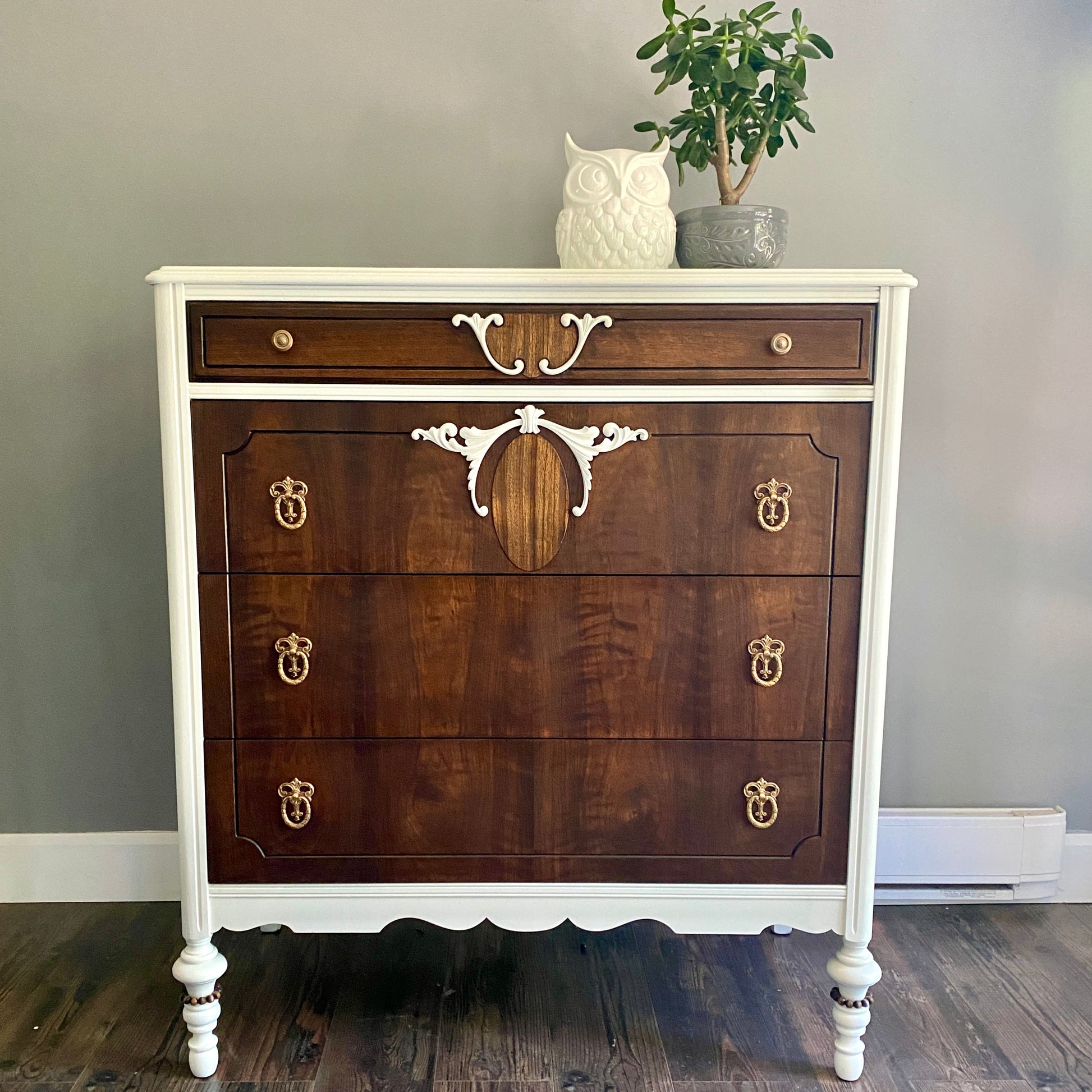 Antique 4 Drawer Malcolm Dresser in White and Walnut DaRosa Creations Antique 4 Drawer Malcolm Dresser in White and Walnut DaRosa Creations