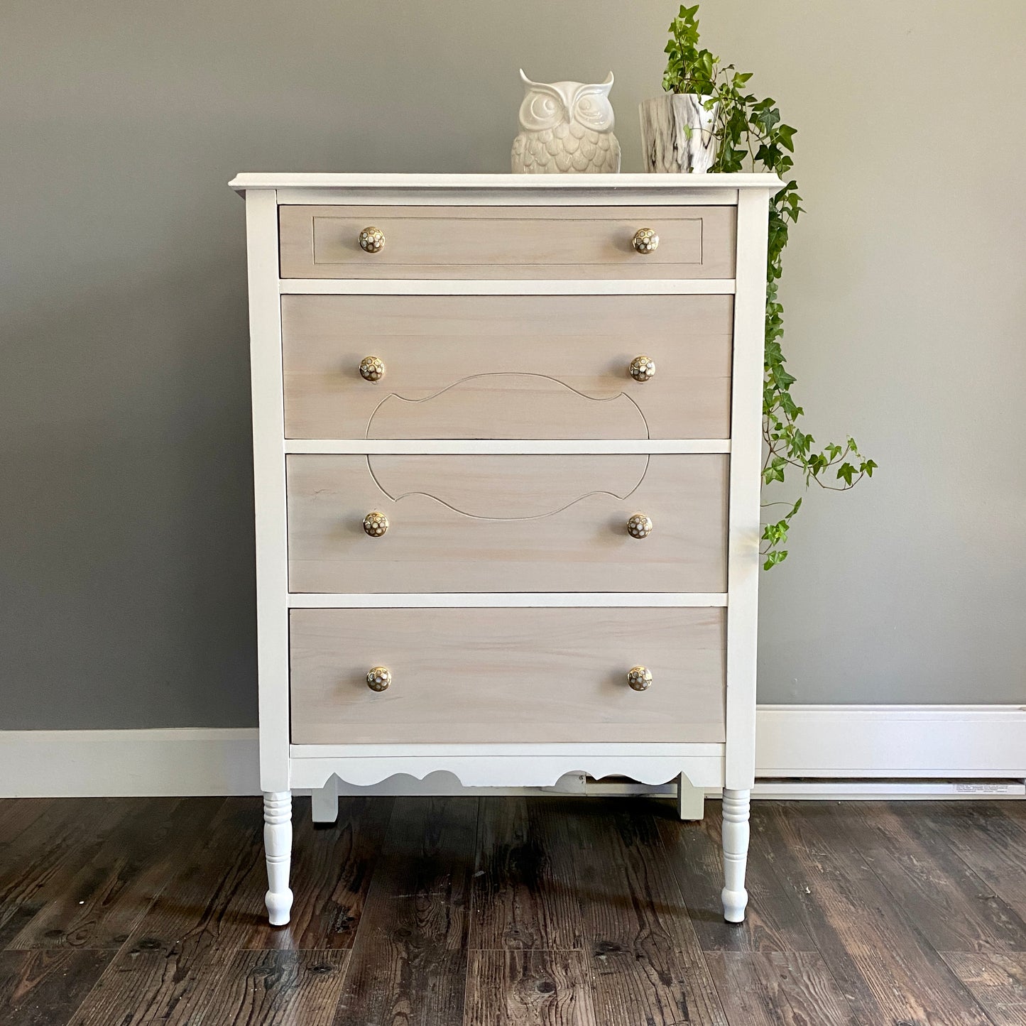 Antique Drawer Dresser in White and Tan Wash Pearl Inlay Knobs