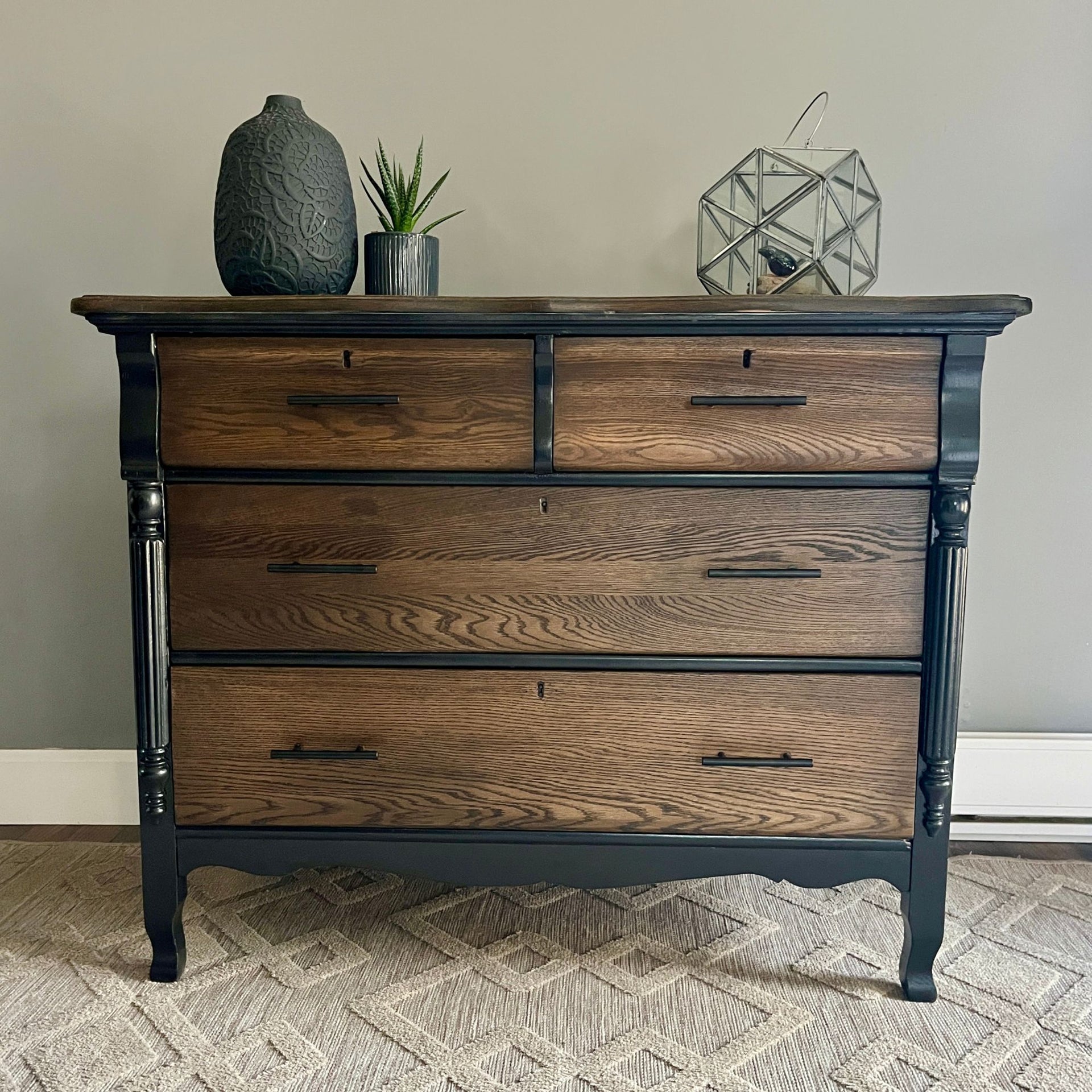 black dresser with wood top Tall Wooden Dark Stain copper pulls. Chest Triangular Mesh:Yes new year count down How to pull off