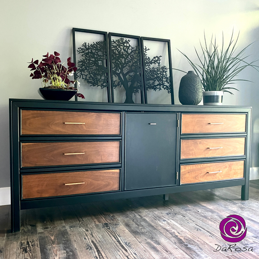 Black Long Dresser with Wood - Buffet - Side Board MCM