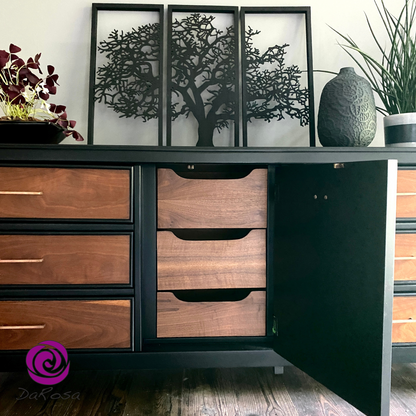 Black Long Dresser with Wood - Buffet - Side Board MCM