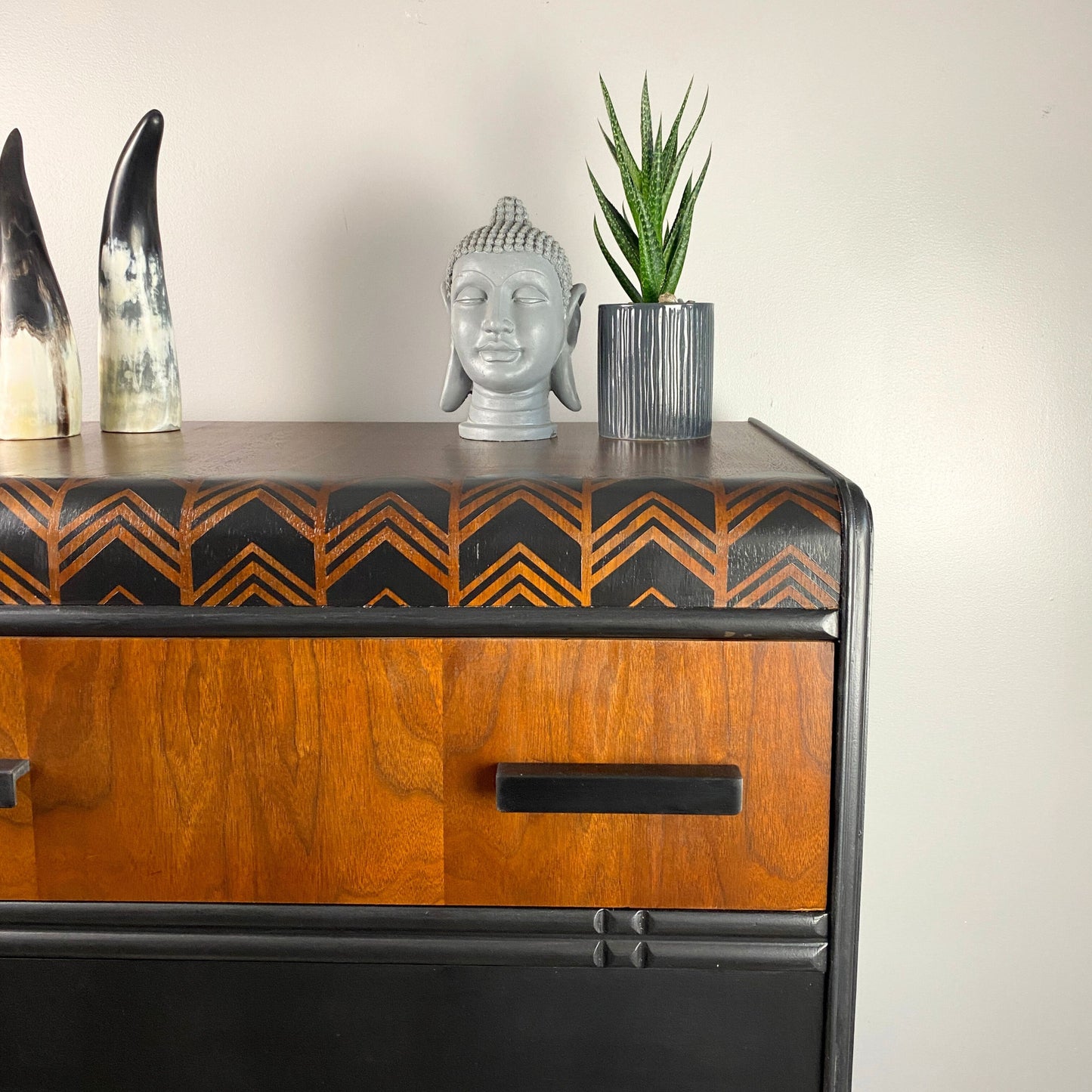 Vintage Waterfall Dresser in Black and Walnut and Chevron Details