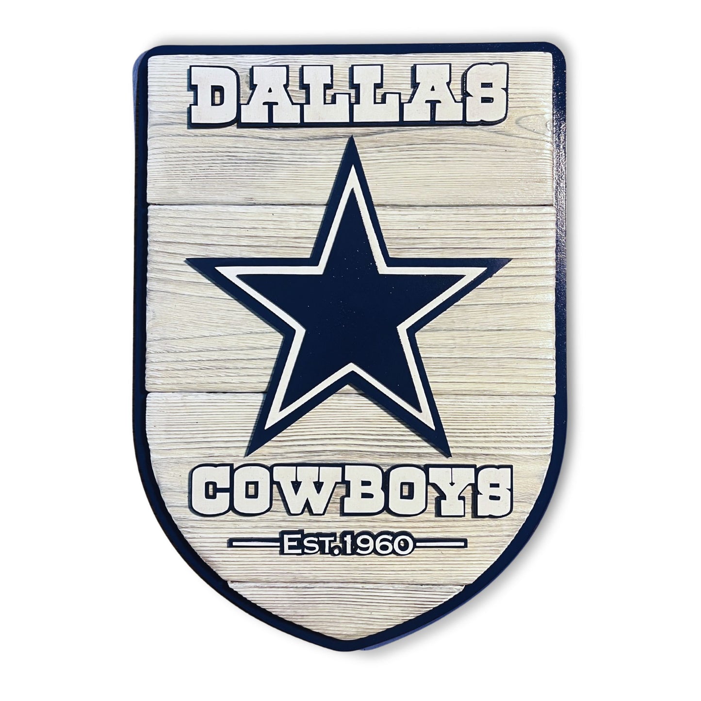 Dallas Cowboys logo with star on a wooden shield design