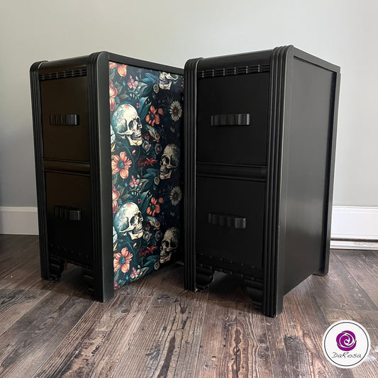 Black Skull and Flowers Nightstand SET