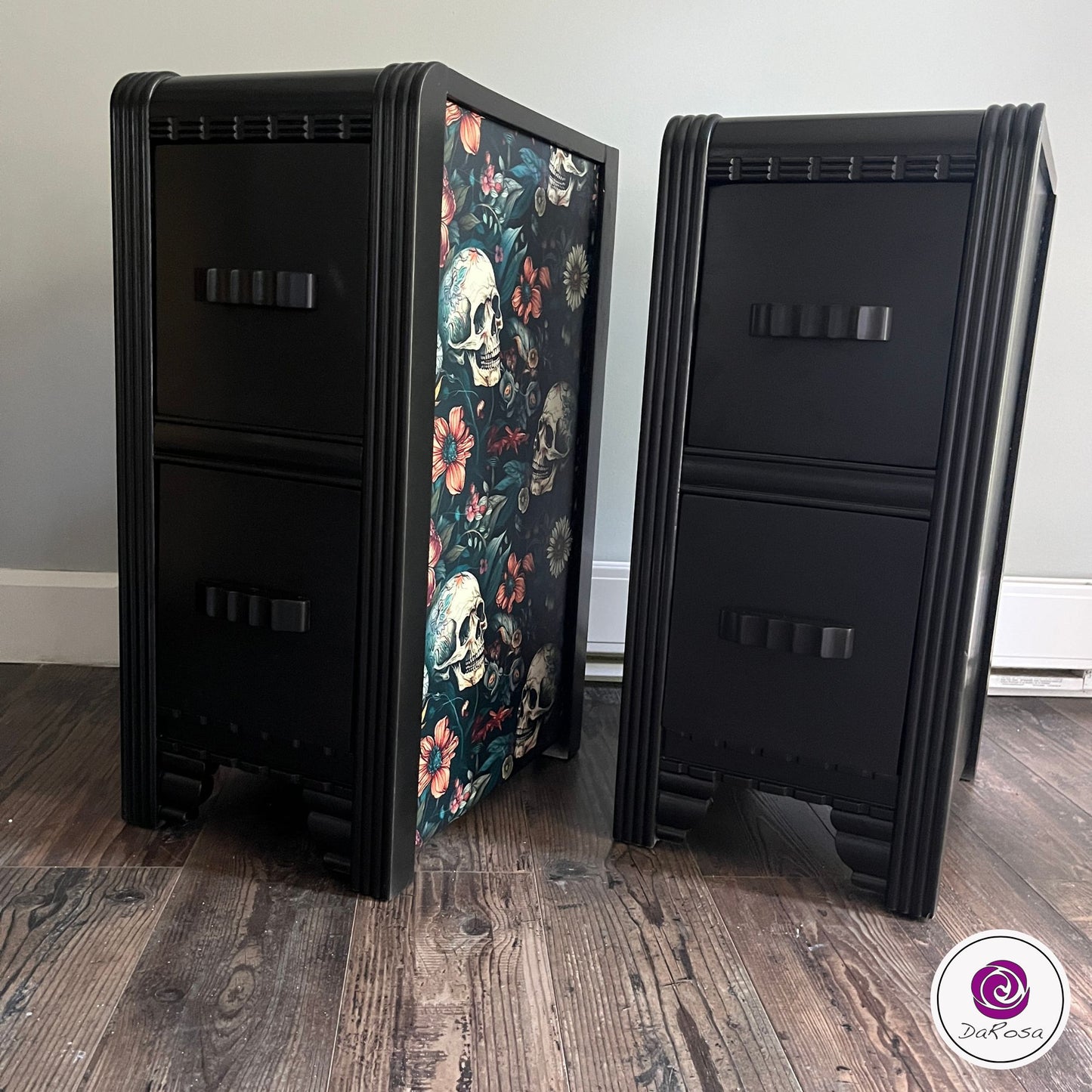 Black Skull and Flowers Nightstand SET