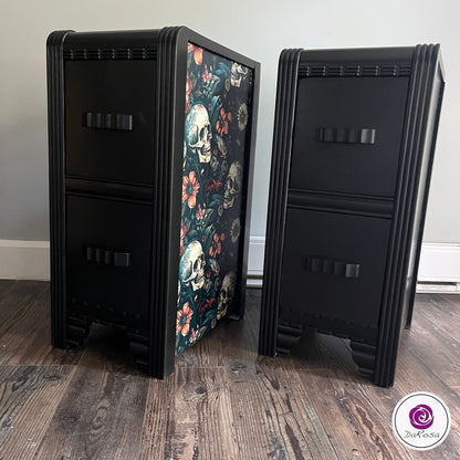 Black Skull and Flowers Nightstand SET