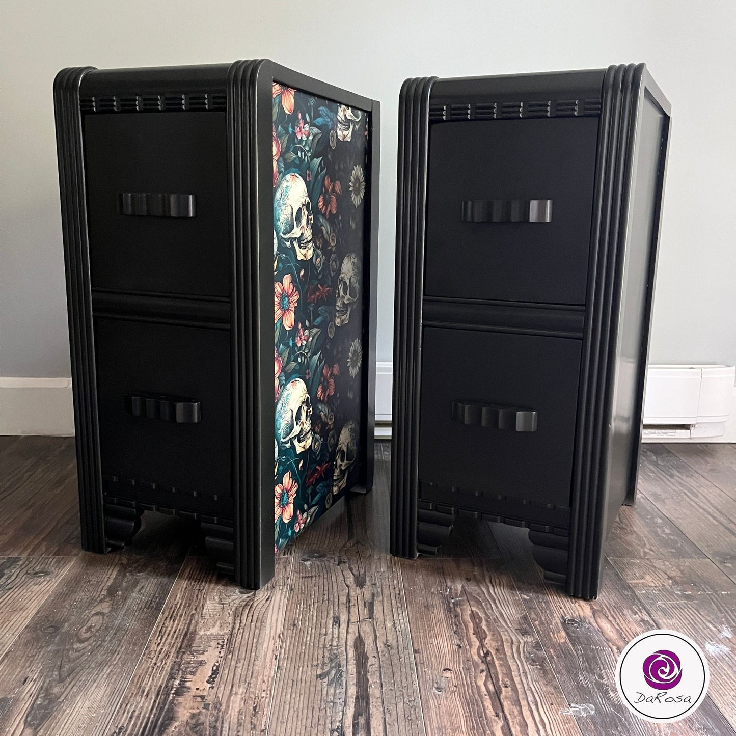 Black Skull and Flowers Nightstand SET