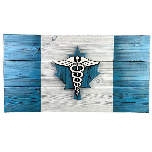 Canadian Nurse Wooden Flag with Caduceus in Blue - Gift Registered Nurse RN - Medical Healthcare Decor 