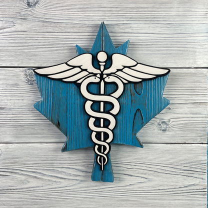 Canadian Nurse Wooden Flag with Caduceus in Blue - Gift Registered Nurse RN - Medical Healthcare Decor 