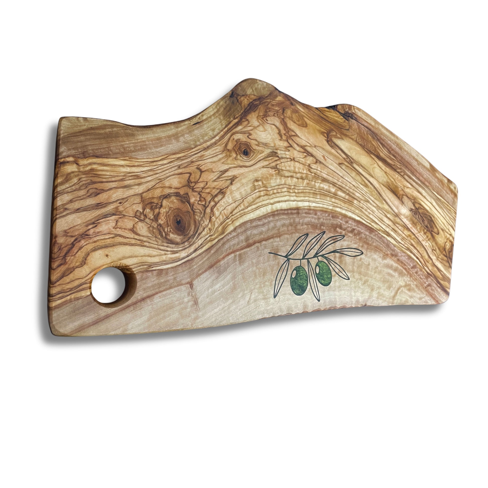 Olive wood charcuterie board with epoxy inlay and olive engraving