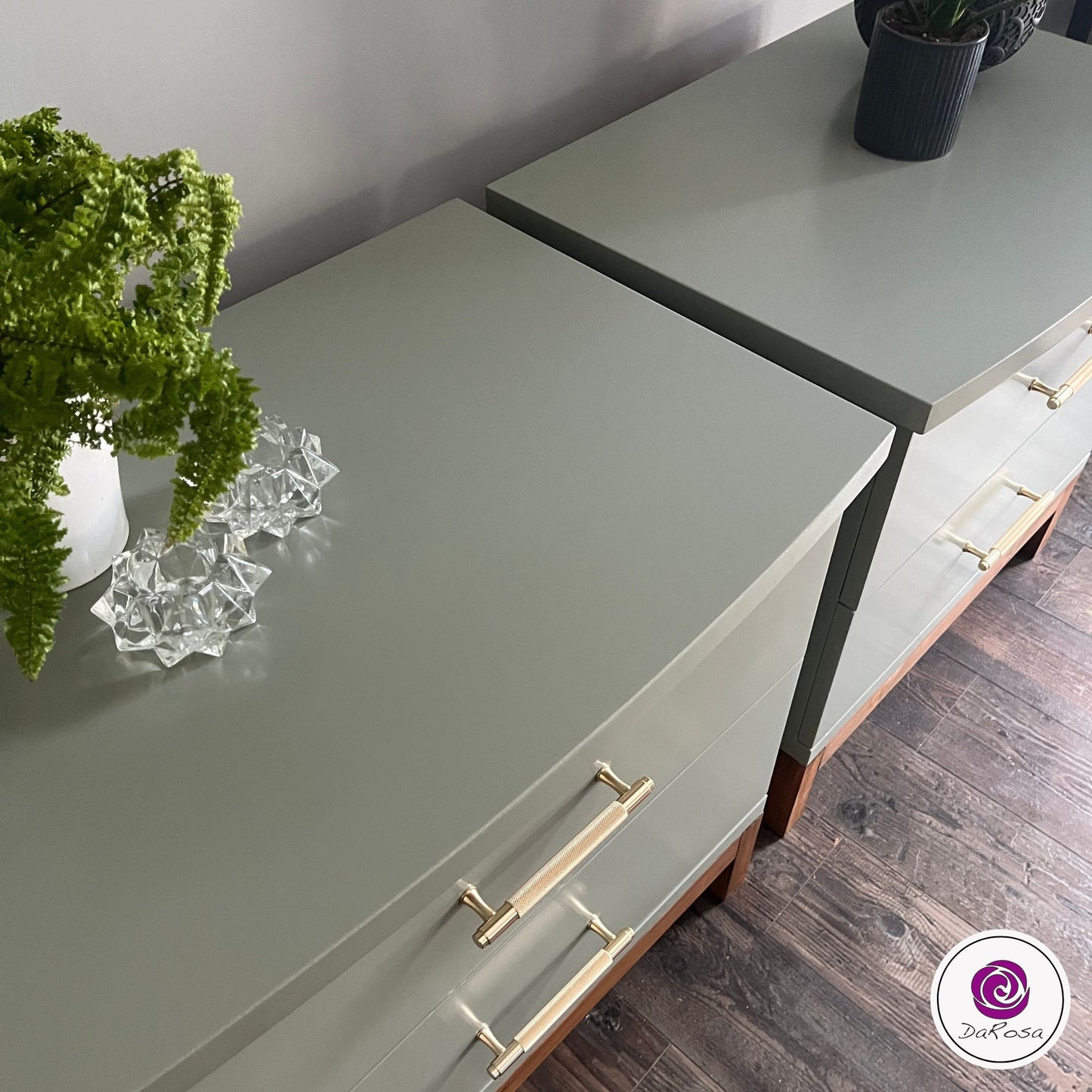Sage Green Nightstands with Wood Base