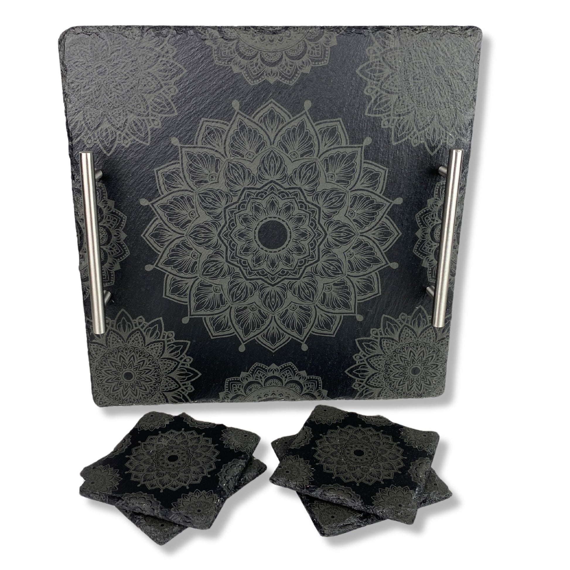 Slate Coasters Set of 4 and Serving Tray with Mandala Pattern