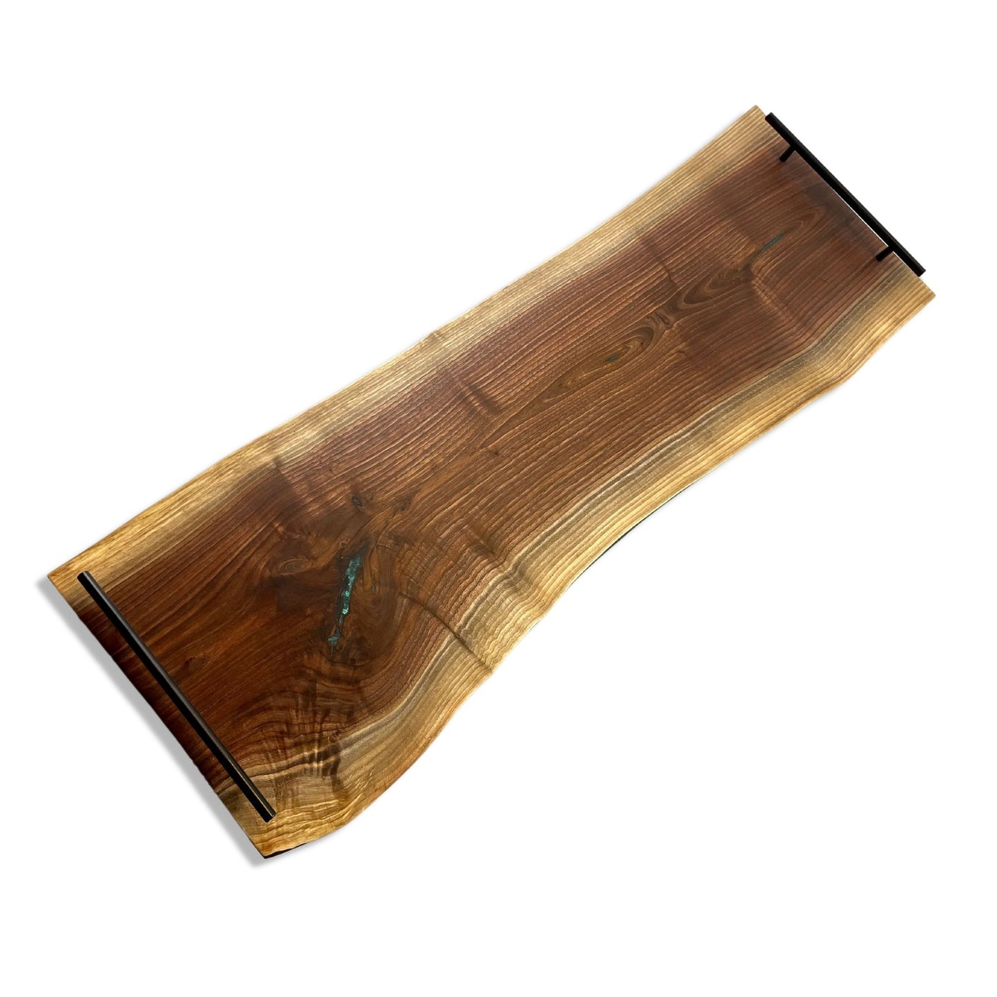 Walnut Charcuterie Boad with Epoxy Inlay and Black Tube Handles. Additional Engraving is in option to personalize this board