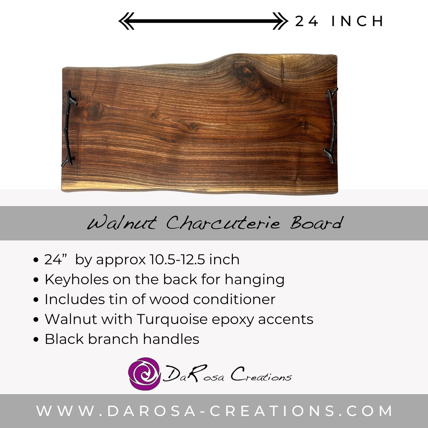 24 Inch Walnut Charcuterie Board With Black Branch handles