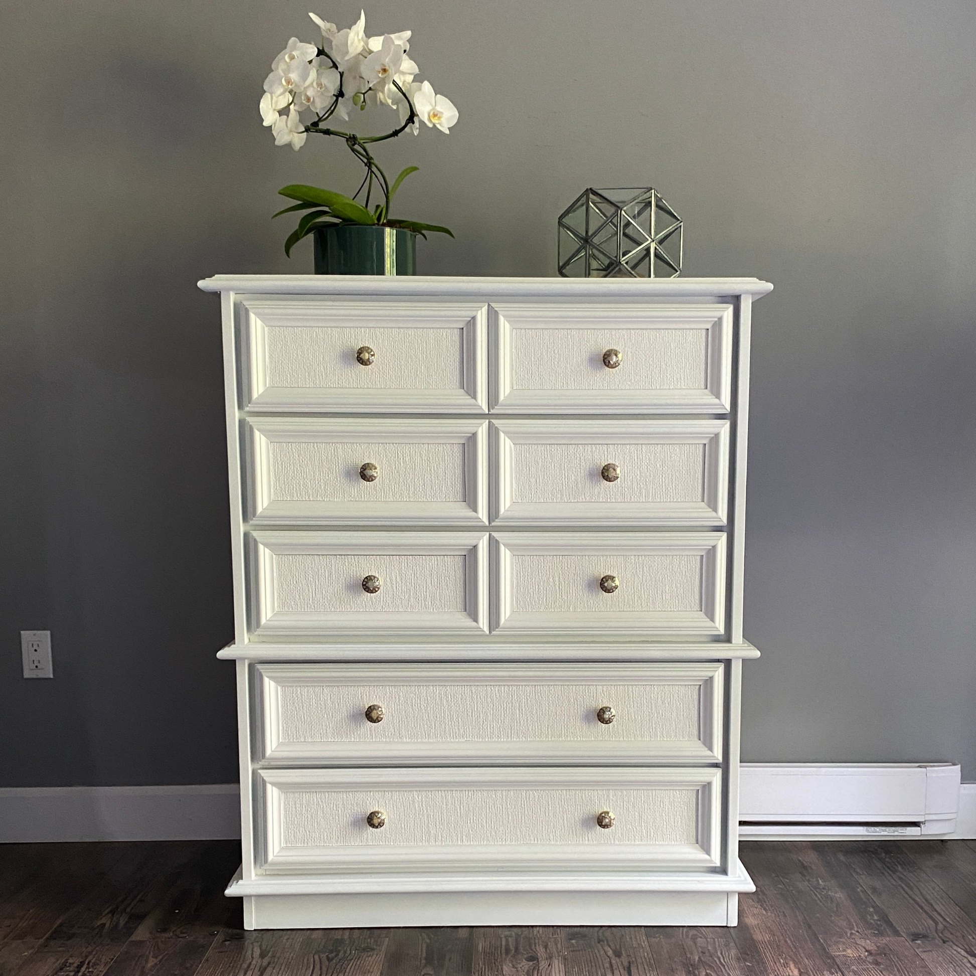 White Tallboy Dresser with Pearl Knobs White Tallboy Dresser with Pearl Knobs