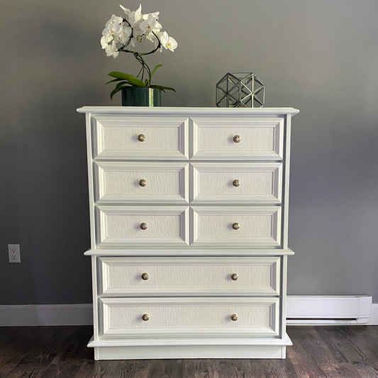 White Tallboy Dresser with Pearl Knobs