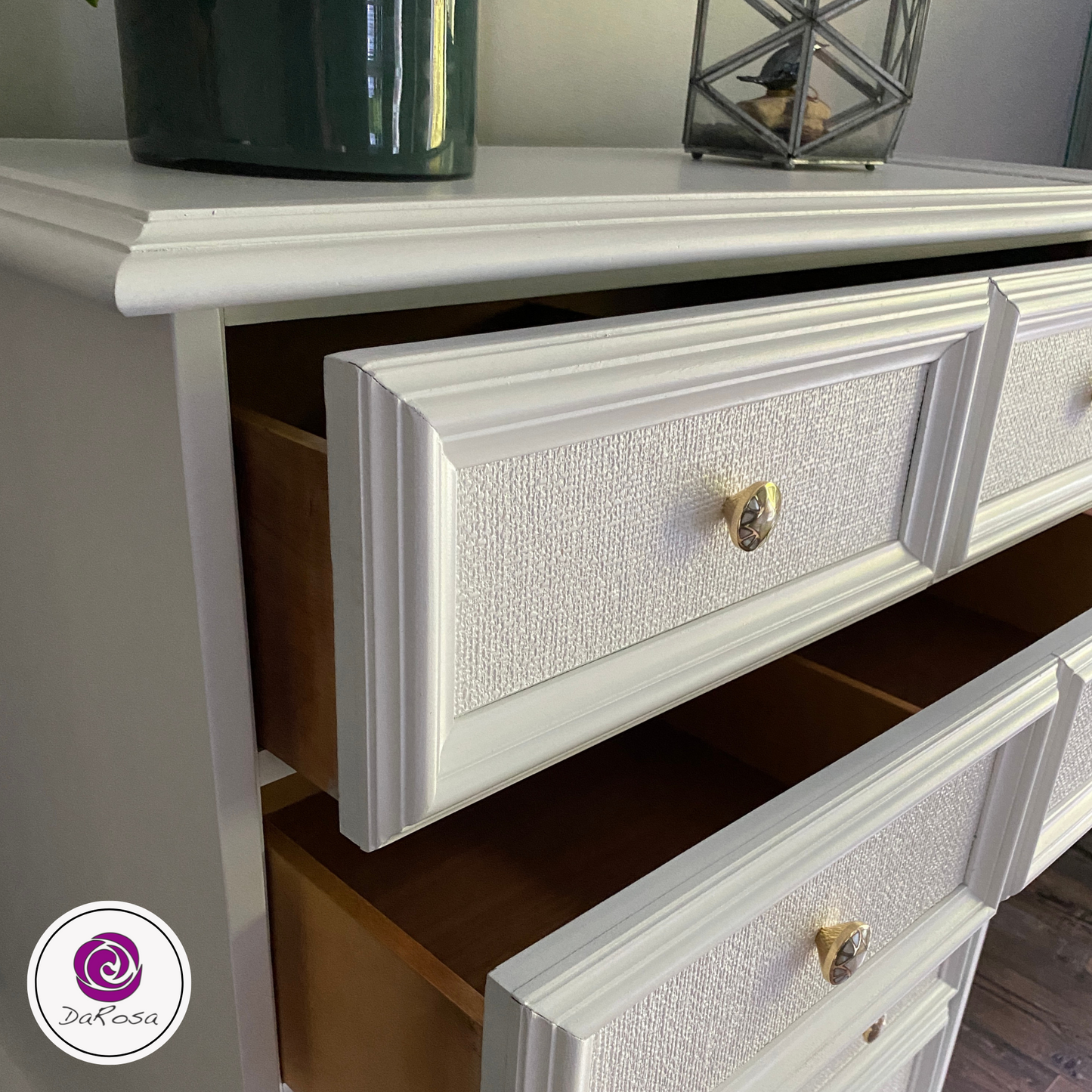 White Tallboy Dresser with Pearl Knobs