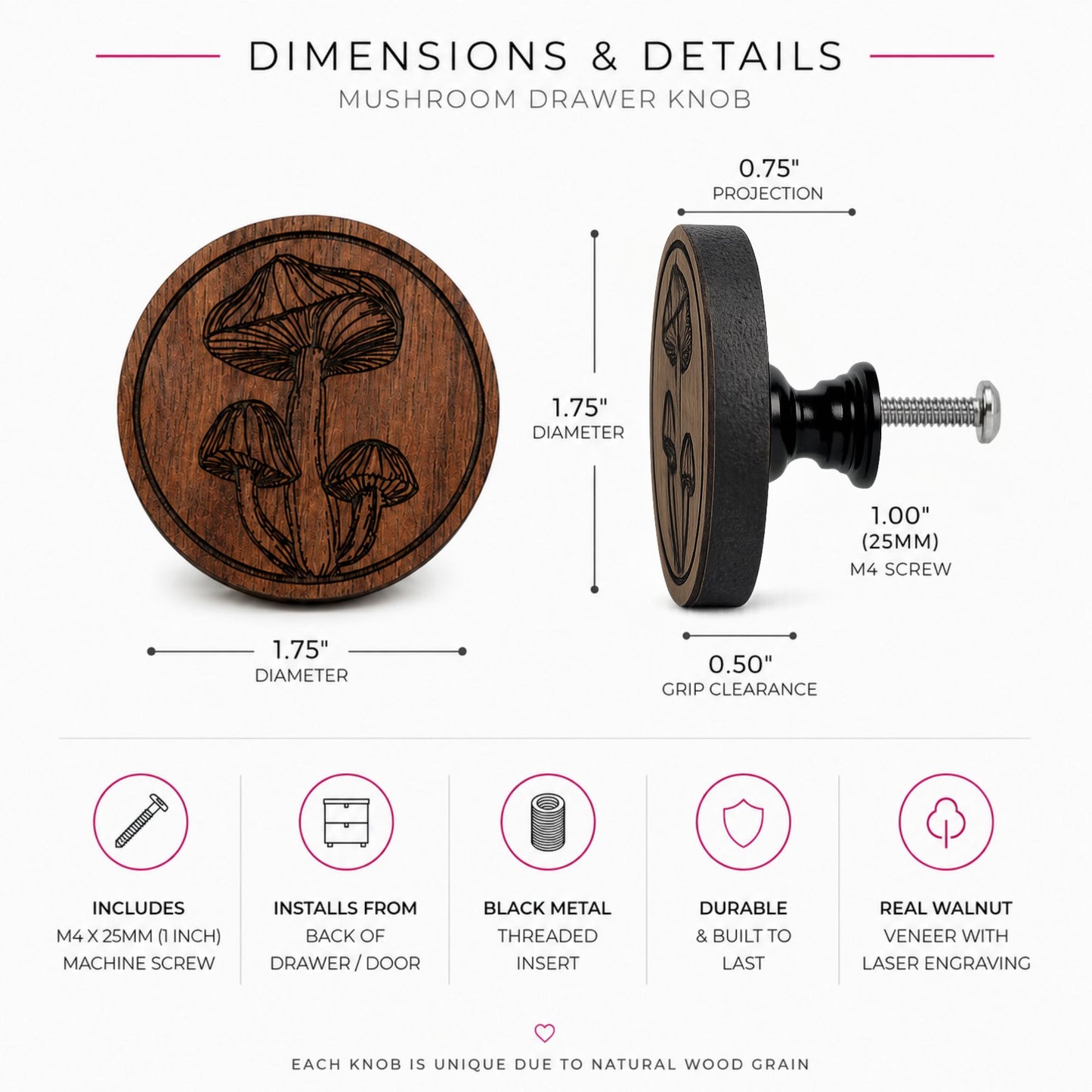 Dimensions infographic for walnut mushroom drawer knob with installation details