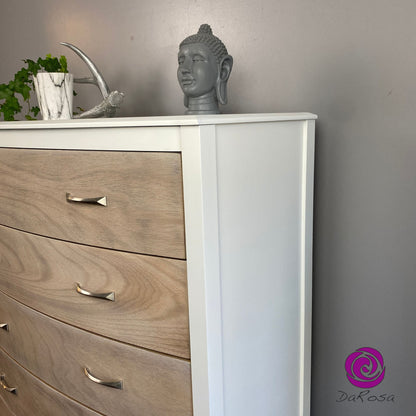 Modern Tall Boy Dresser in White and 6 Natural Wood Drawers