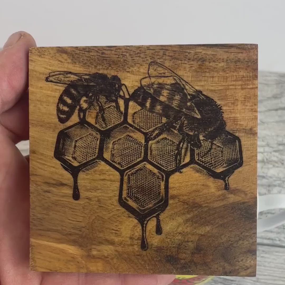 Wood Coaster Set with Bee Images