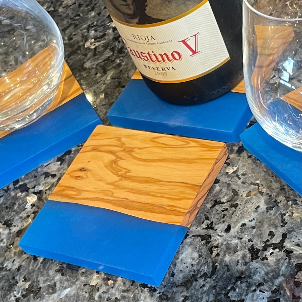Coasters Olive Wood and Blue Epoxy SET of 4 - DaRosa Creations