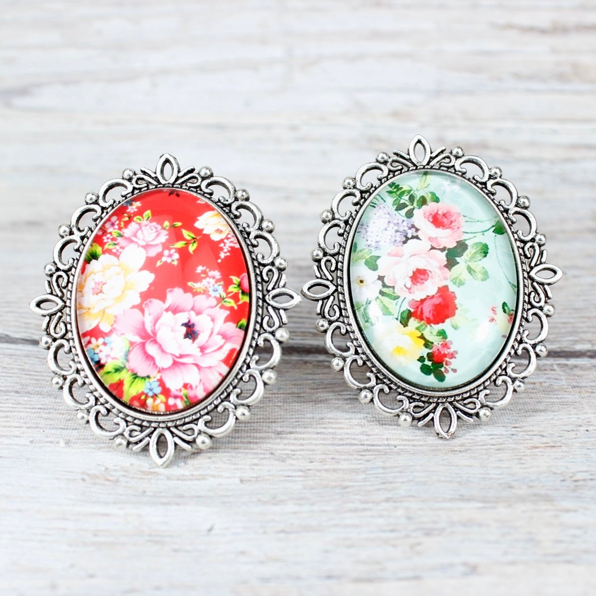 Flower Drawer Knobs in Red or Mint Green in Silver Oval Setting - DaRosa Creations