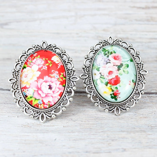 Flower Drawer Knobs in Red or Mint Green in Silver Oval Setting - DaRosa Creations