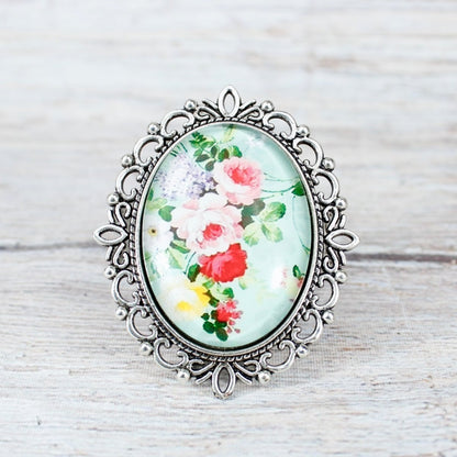 Flower Drawer Knobs in Red or Mint Green in Silver Oval Setting - DaRosa Creations