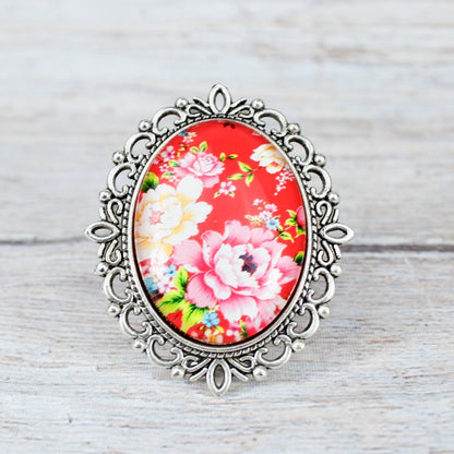Flower Drawer Knobs in Red or Mint Green in Silver Oval Setting - DaRosa Creations