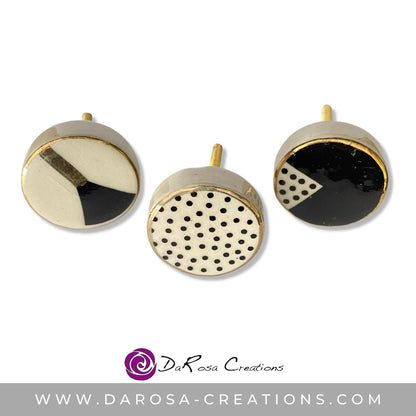 Hand Painted Ceramic Knobs in Black Cream White and Gold - DaRosa Creations