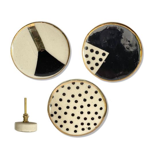 Hand Painted Ceramic Knobs in Black Cream White and Gold - DaRosa Creations