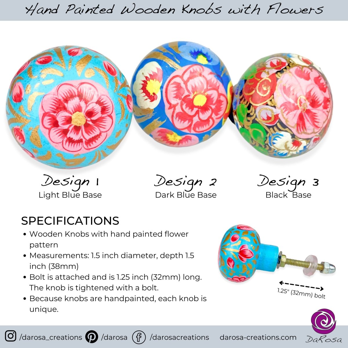 Hand Painted Wooden Flower Knobs - DaRosa Creations