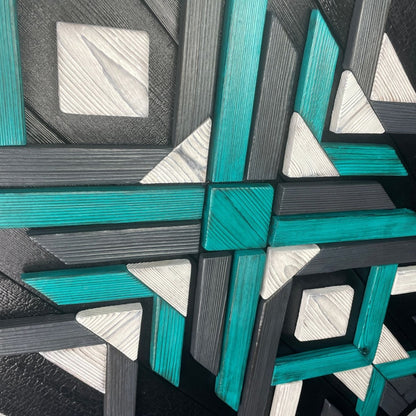 Modern Mosaic Wood Geometric Wall Art in White Black Turquoise and Gray - DaRosa Creations
