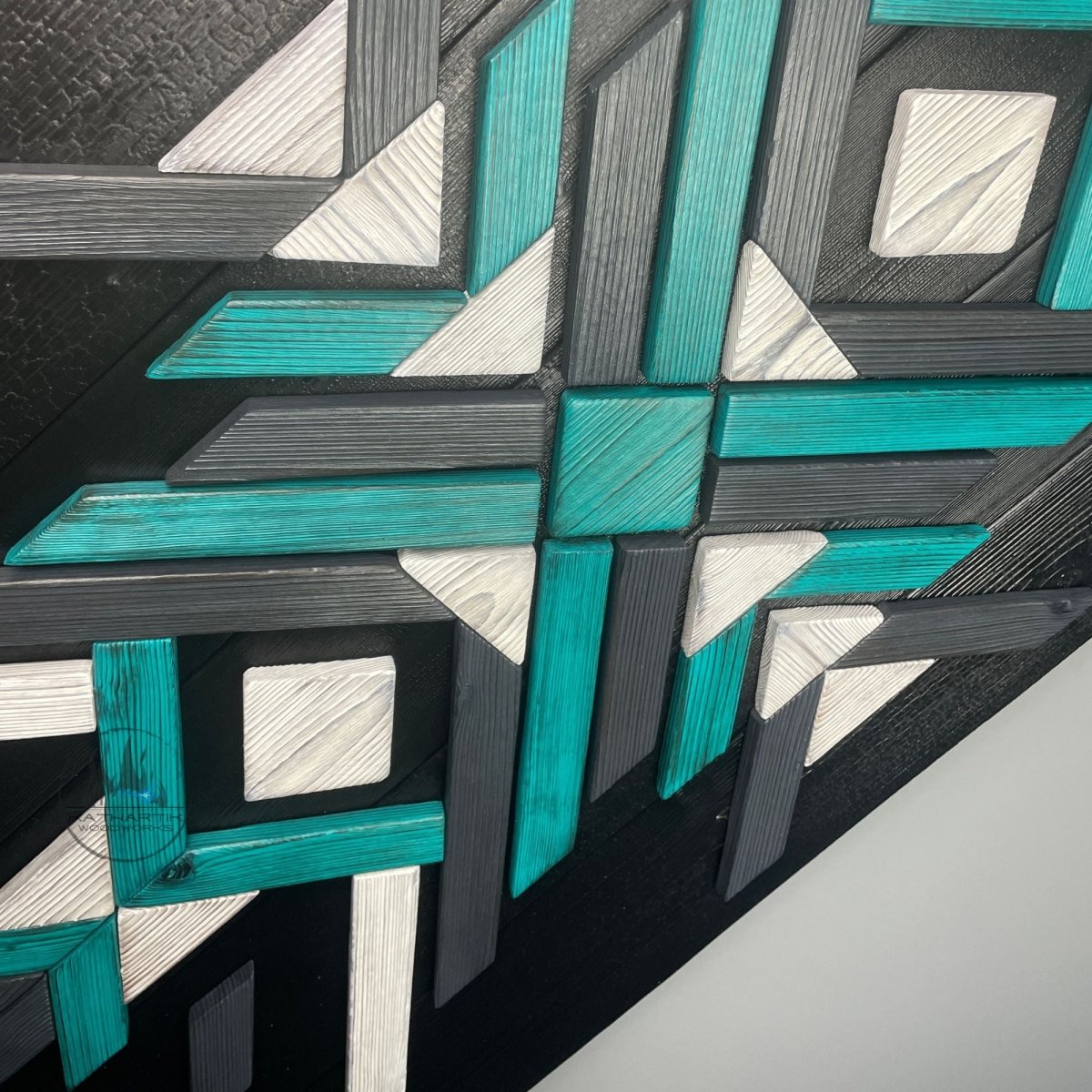 Modern Mosaic Wood Geometric Wall Art in White Black Turquoise and Gray - DaRosa Creations