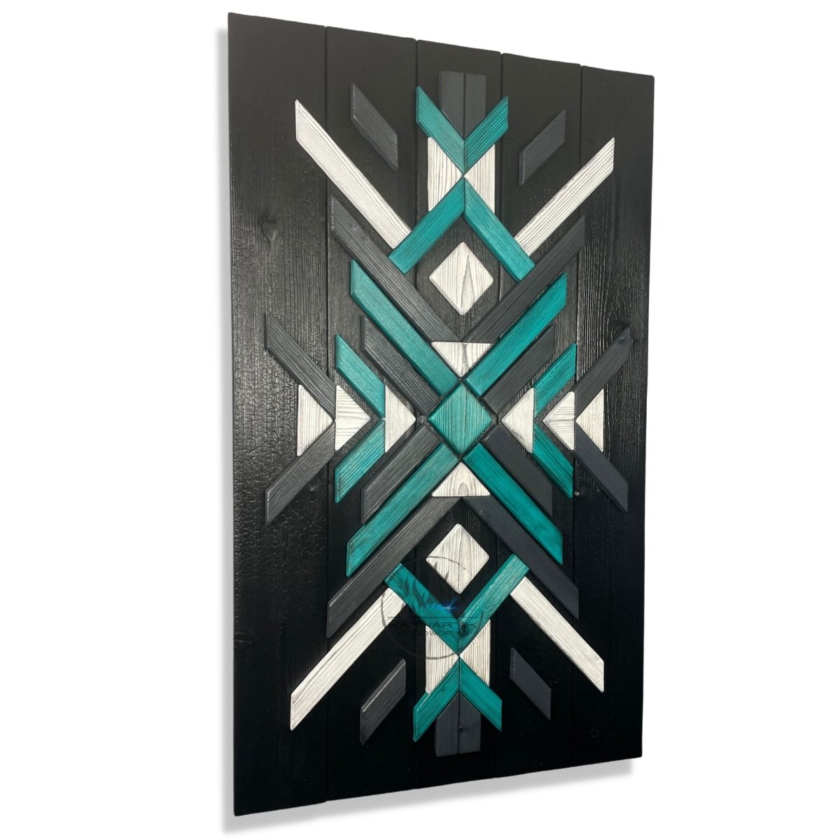 Modern Mosaic Wood Geometric Wall Art in White Black Turquoise and Gray - DaRosa Creations