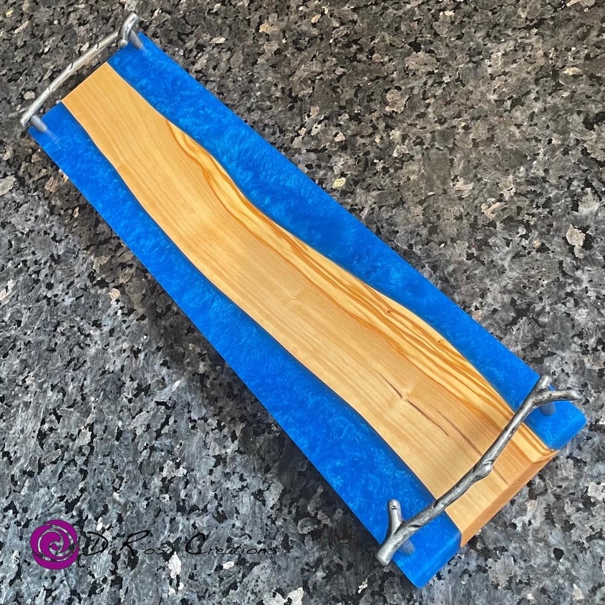 Olive Wood Bathroom Tray with Blue Epoxy - DaRosa Creations