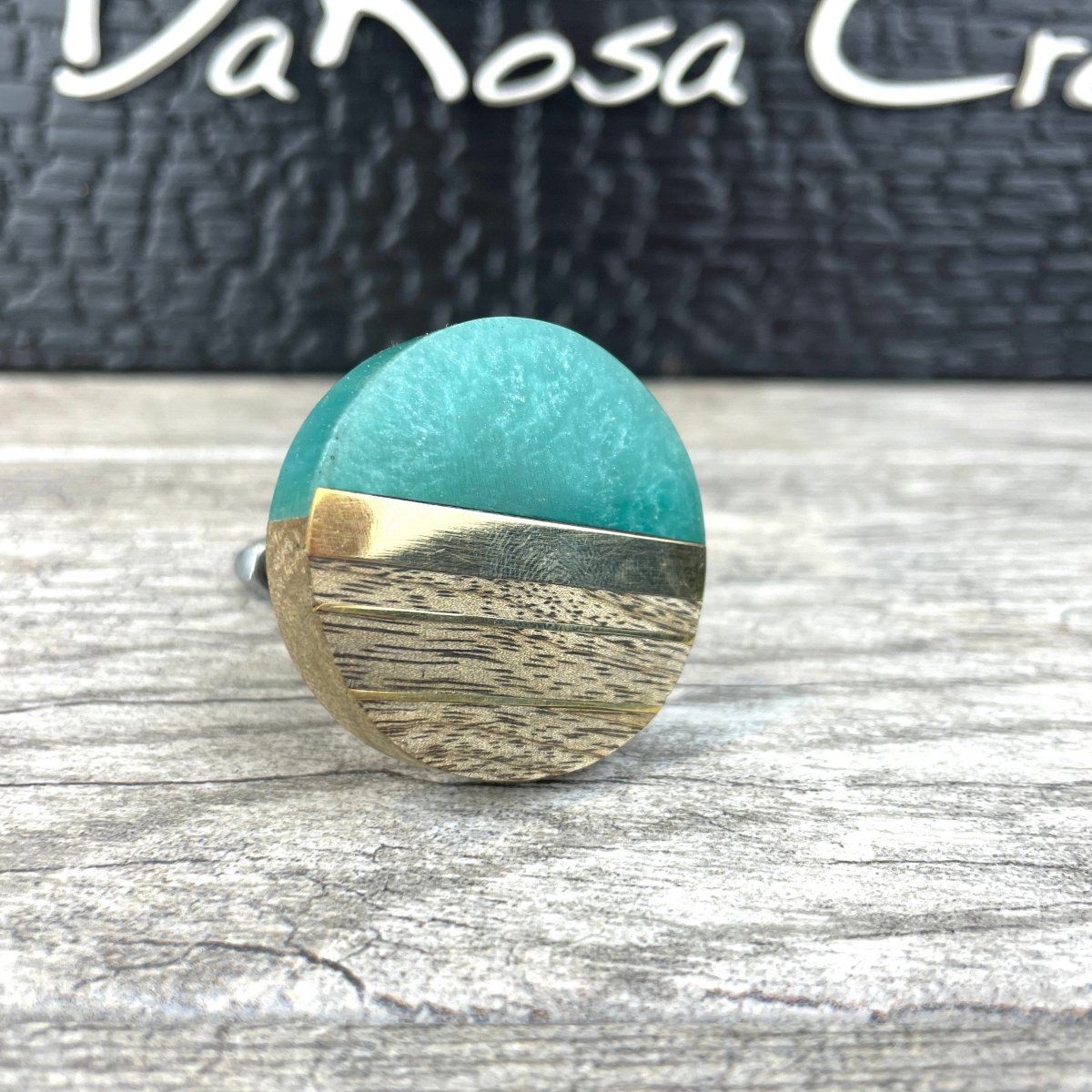 Turquoise Wood Knob with Epoxy and Brass Details - DaRosa Creations